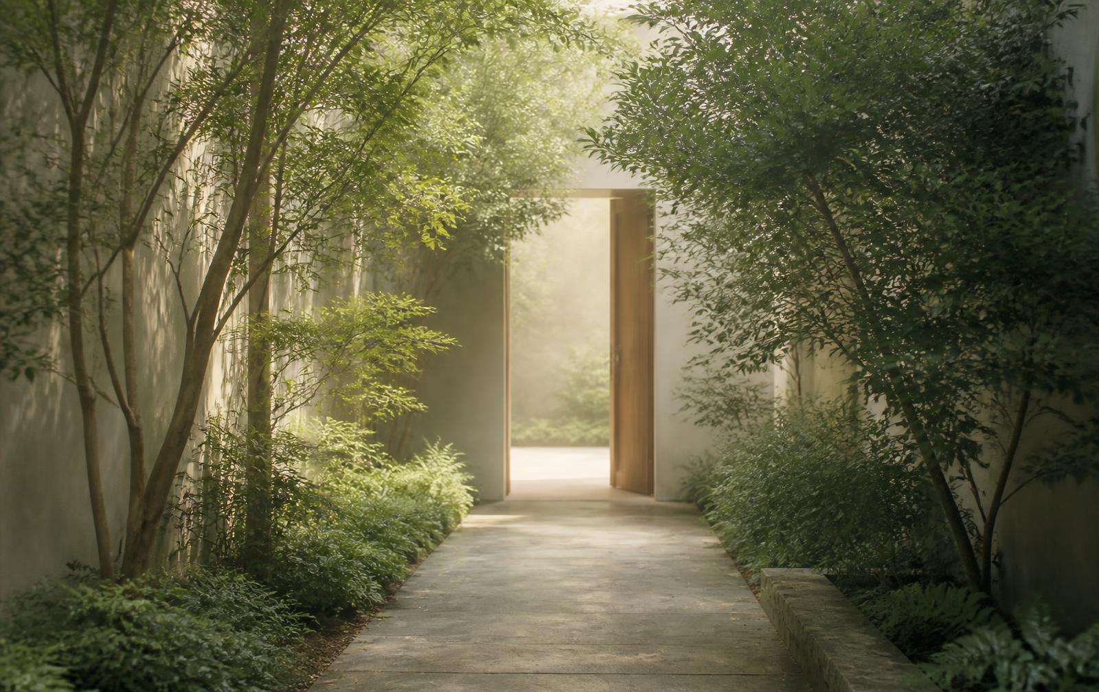 Camino sereno entre vegetación hacia una puerta entreabierta con luz suave